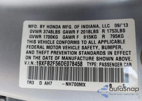 2013 Honda Civic Lx from USA, damaged, VIN 19XFB2F56DE078458